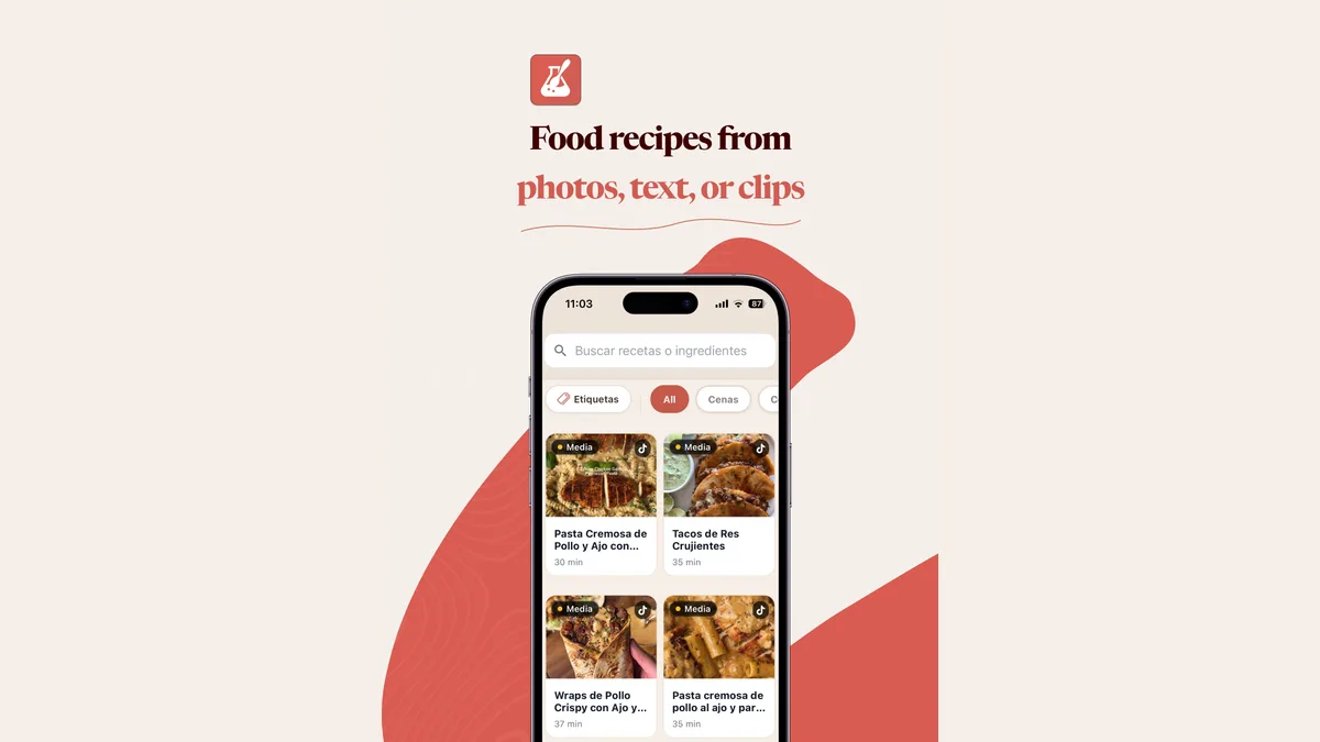 RecipLab app showcase: phone screen with the recipe library grid under the editorial 'Food recipes from photos, text, or clips' headline